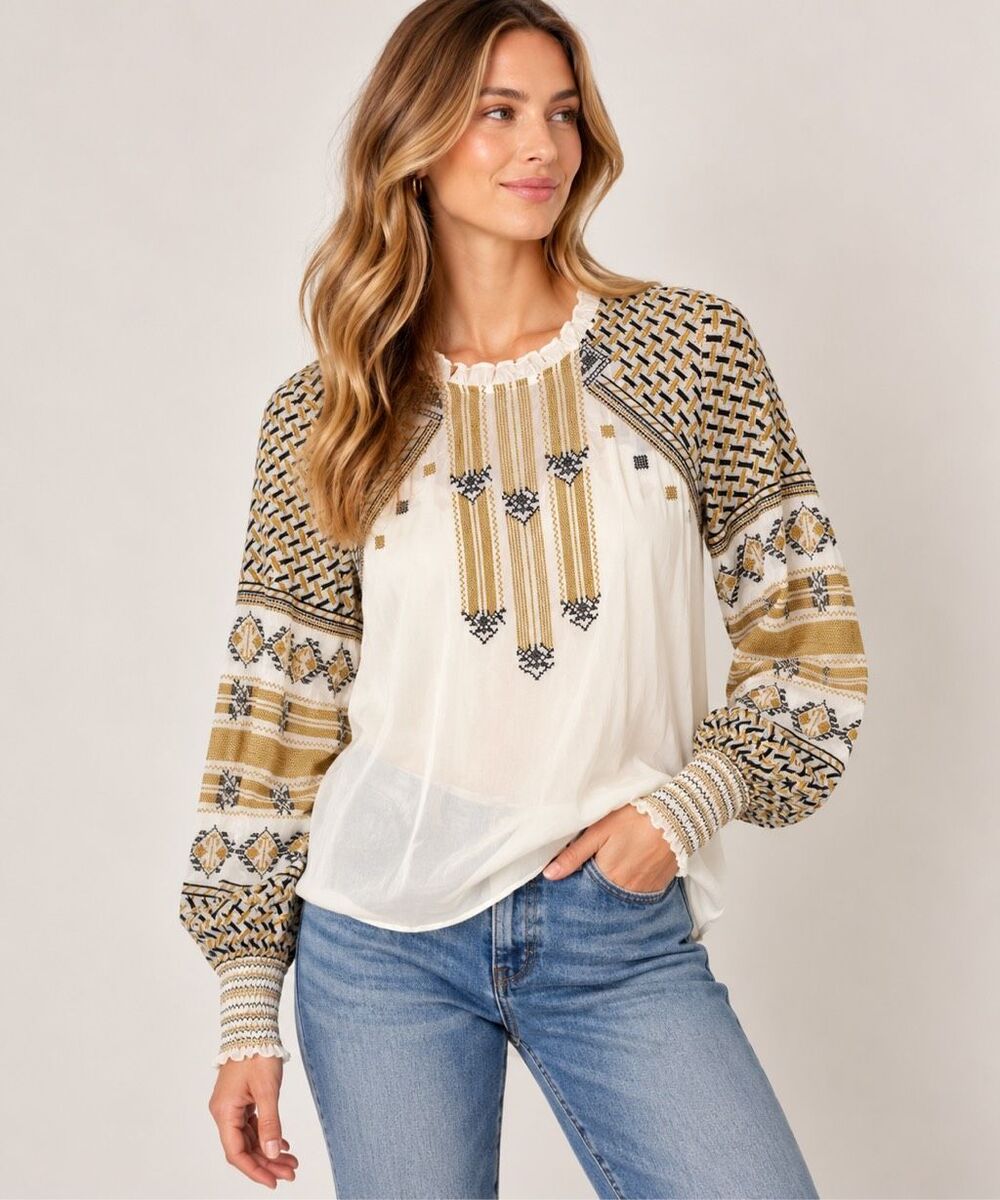 Veronica Beard Isabella Embroidered Sheer Peasant Top Size 2 White Gold Boho